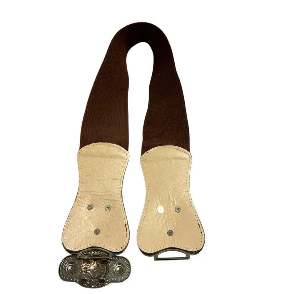 Cool vintage looking metal stretch antique buckle belt, brown and brushed gold